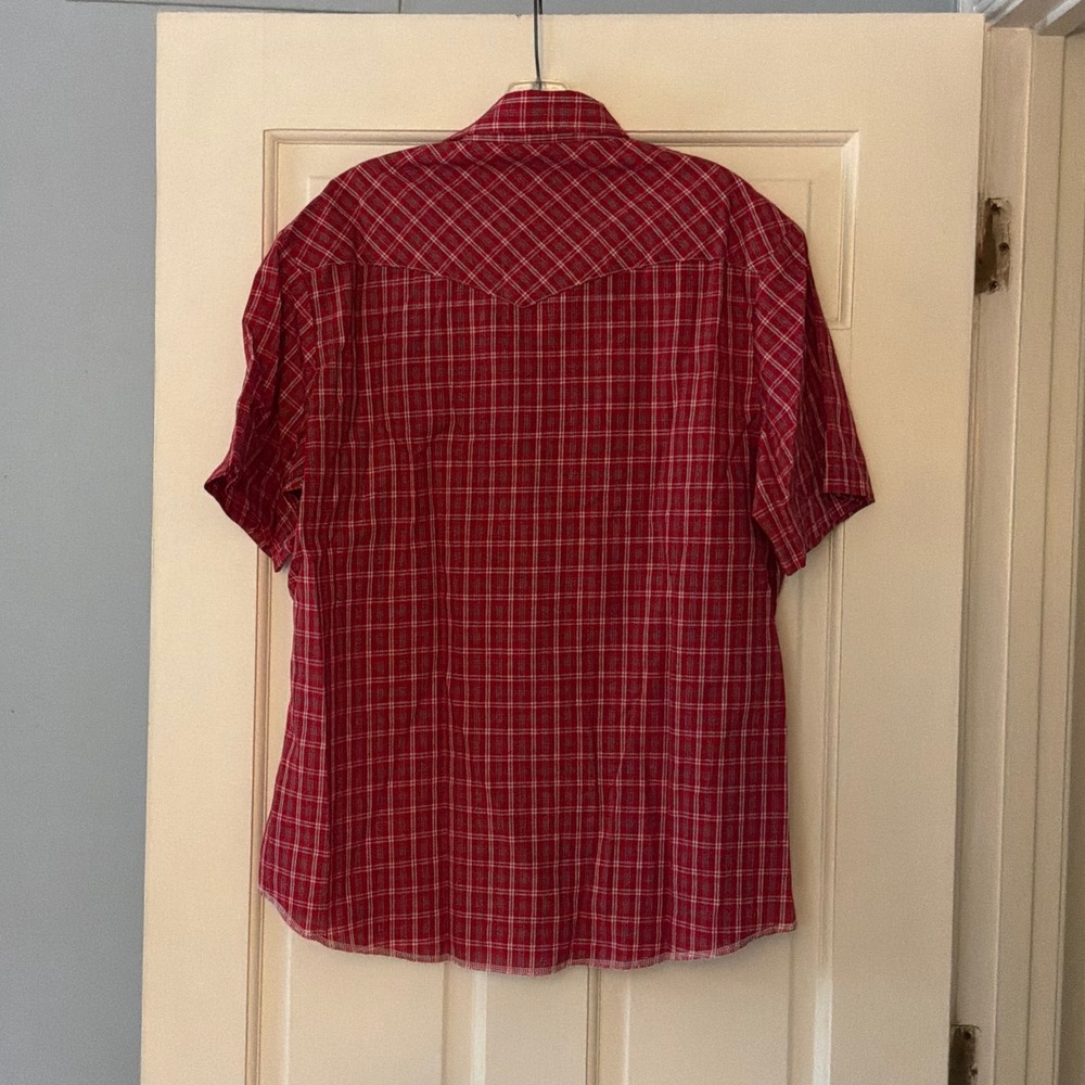 Wrangler Mens Red Plaid Short Sleeve Western Pearl Snap Shirt Large Cowboy Retro - Picture 4 of 6